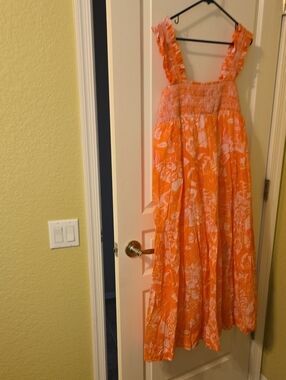 Fate Orange Floral Smocked Maxi Dress Lg